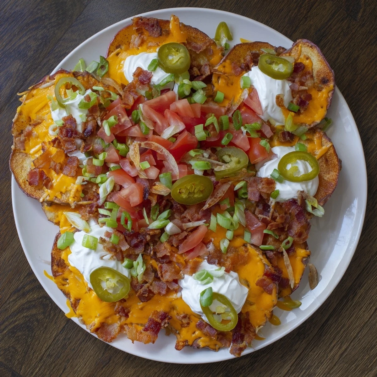 Golden potato chips topped with cheese, bacon, and pickled jalapeños in a hearty Irish Nachos appetizer.