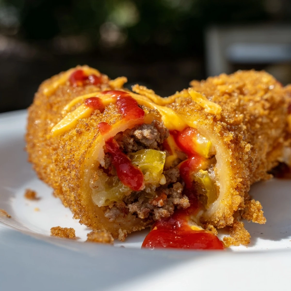 Golden, crispy Cheeseburger Onion Ring Roll appetizers on a wooden platter, served with ketchup and mustard for dipping.