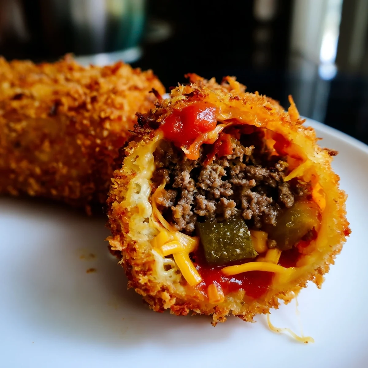 A platter of golden-brown Cheeseburger Onion Ring Roll bites, revealing a savory filling with pickles and tomatoes.