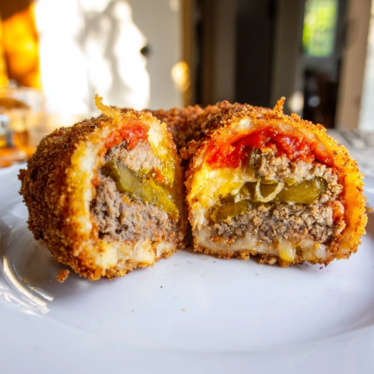 Freshly fried Cheeseburger Onion Ring Roll, featuring a juicy beef and cheddar core wrapped in crunchy panko coating.