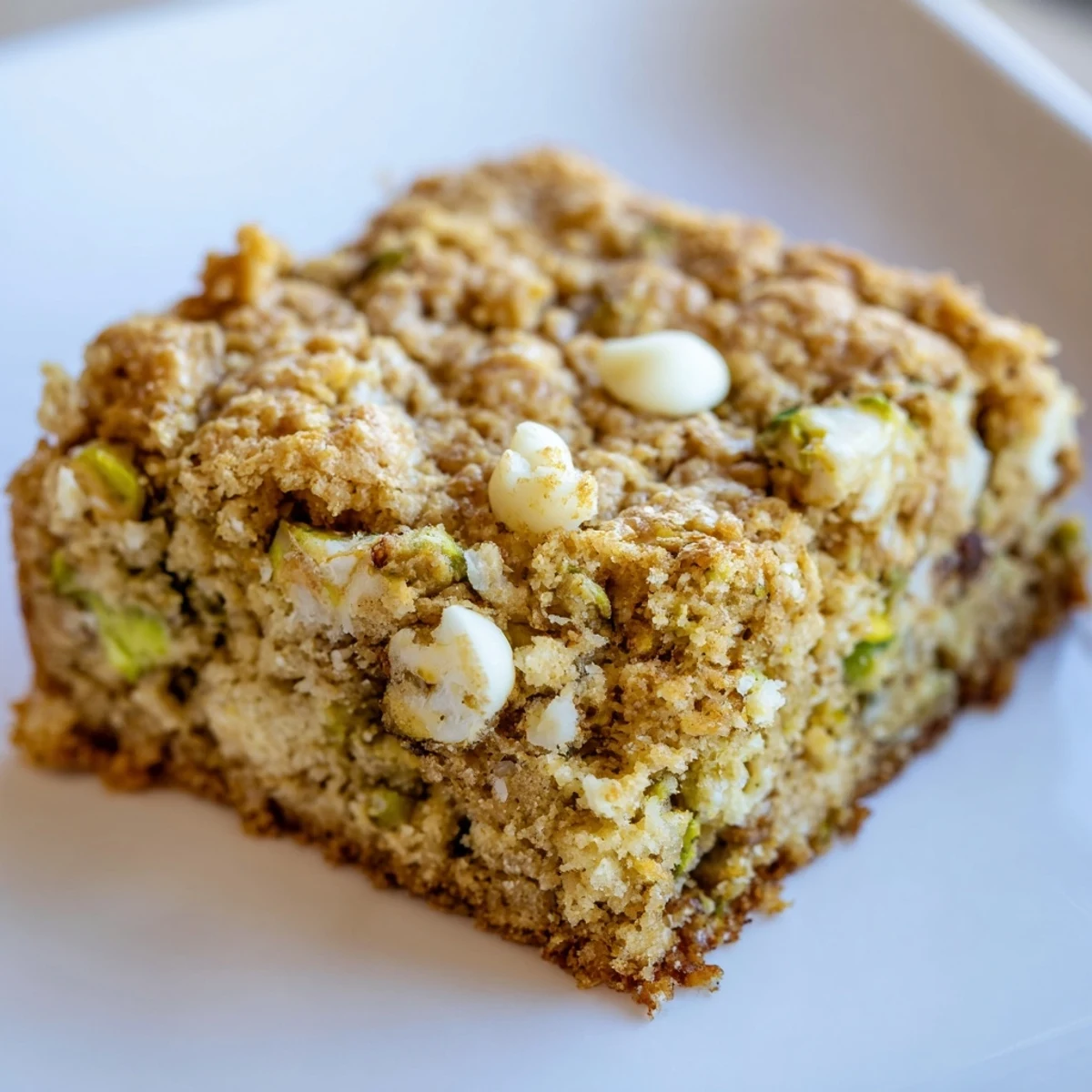 A warm slice of Pistachio Blondie served on a plate with a scoop of melting vanilla ice cream.