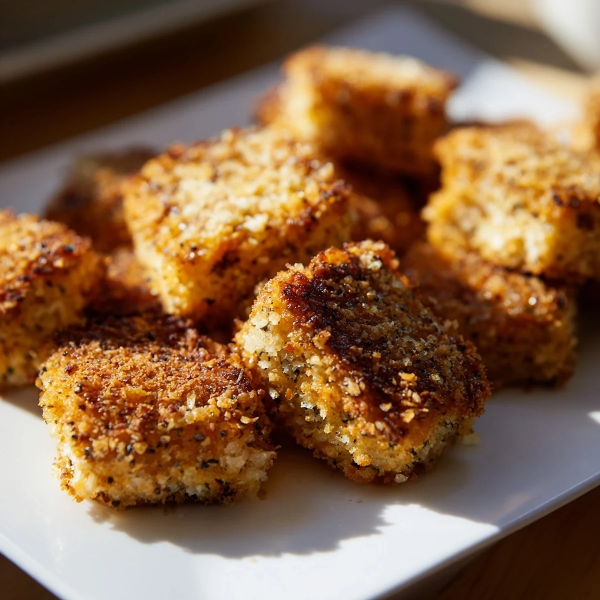 Hand holding a bite-sized Crispy Cottage Cheese Treat showing a soft, creamy interior and crunchy panko crust.