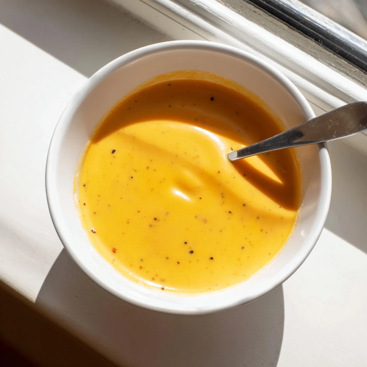 Snappy Cheddar Sauce in a white serving bowl garnished with fresh chives, paired with a plate of steamed broccoli for dipping.