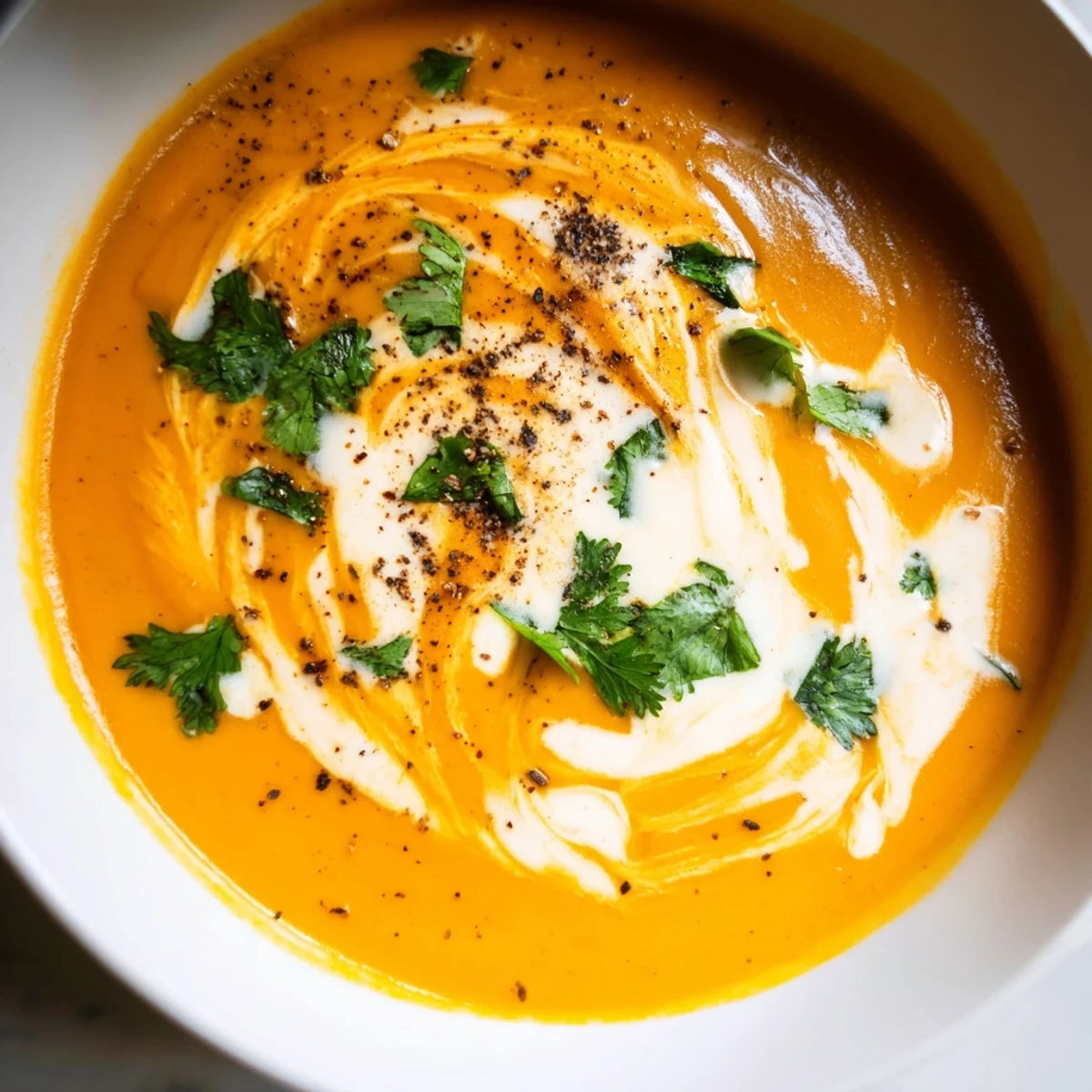 A warm bowl of Creamy Carrot and Coriander Soup with Parmesan Toasts, garnished with fresh herbs.