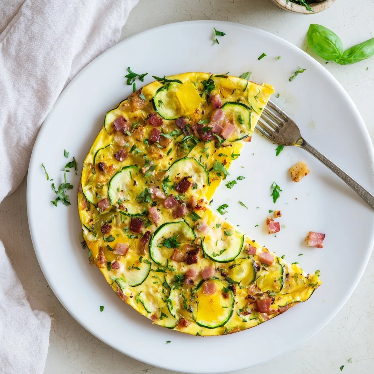 Freshly baked Zucchini Herb and Pancetta Frittata in a skillet with golden edges and melted Parmesan.