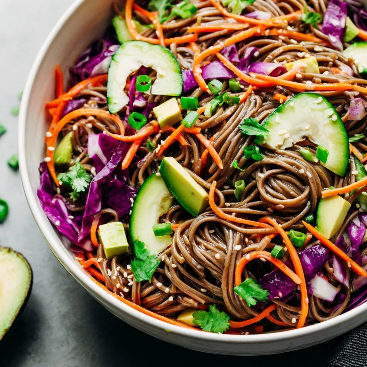 Freshly cooked buckwheat soba noodles tossed with crisp vegetables, creamy avocado, and a savory sesame dressing in the Sesame Avocado and Soba Noodle Salad.