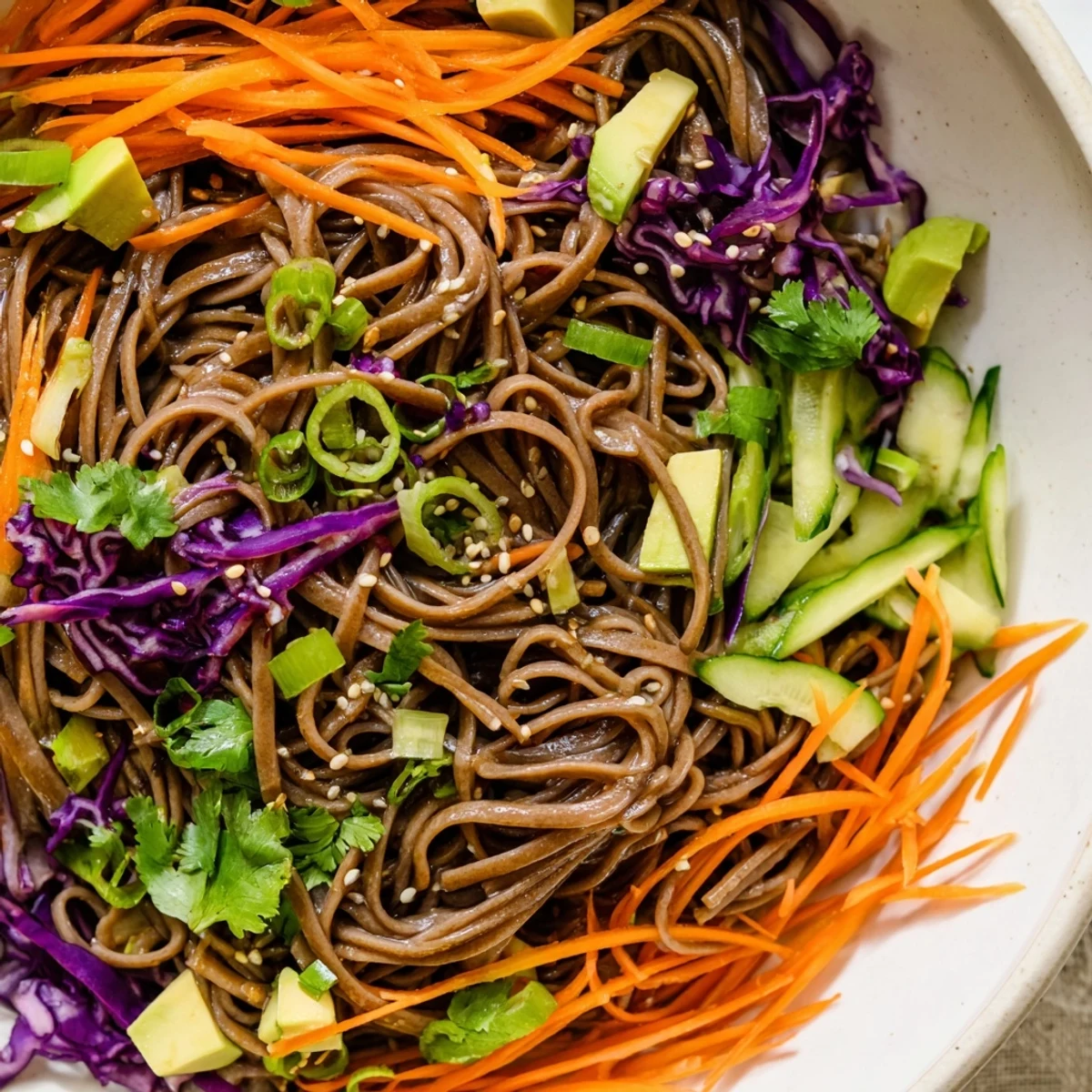 Vibrant red cabbage and julienned carrots top a bowl of Sesame Avocado and Soba Noodle Salad, garnished with sesame seeds and fresh herbs.