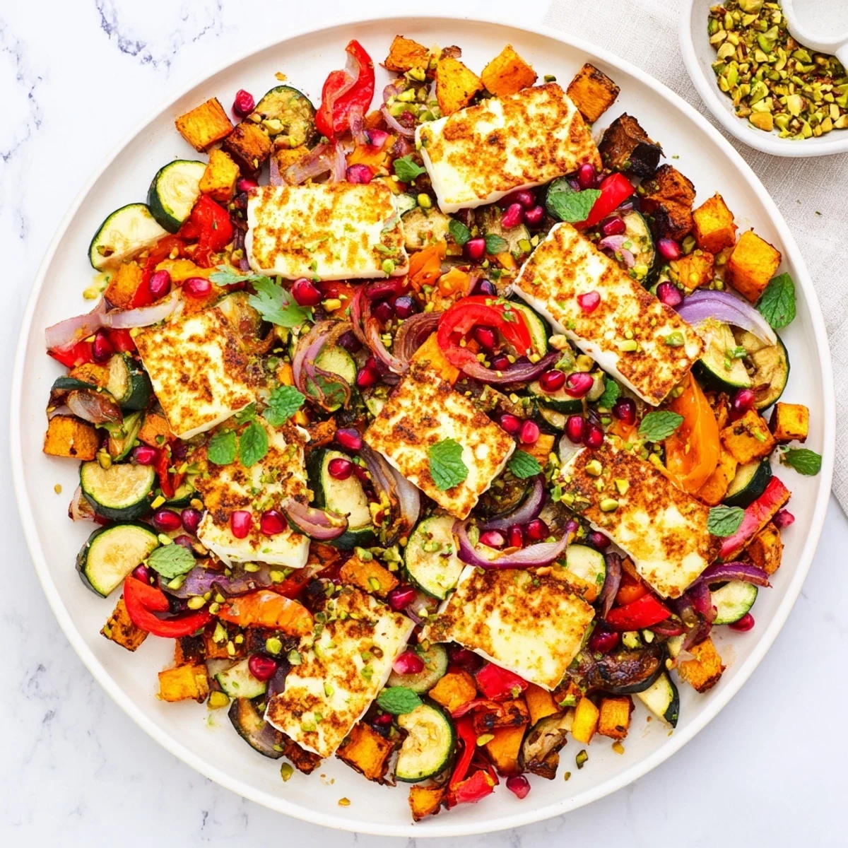 Fried golden haloumi slices rest atop a colorful bed of roasted vegetables, with bright pomegranate seeds and fresh herbs in this Jewelled Haloumi With Spiced Vegetable Bake.