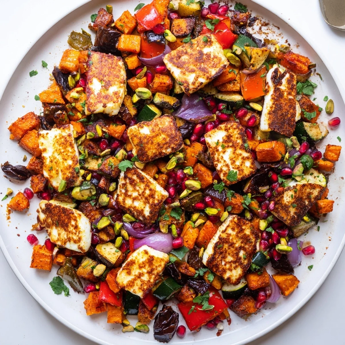 Overhead view of Jewelled Haloumi With Spiced Vegetable Bake on a rustic platter, garnished with mint and parsley, ready for a vegetarian dinner.