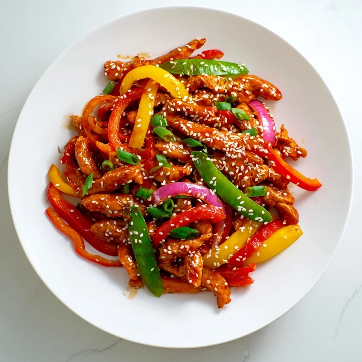 A close-up of Quick Sweet Chilli Chicken Stir Fry on a white plate, glistening with tangy-sweet sauce and topped with fresh cilantro.
