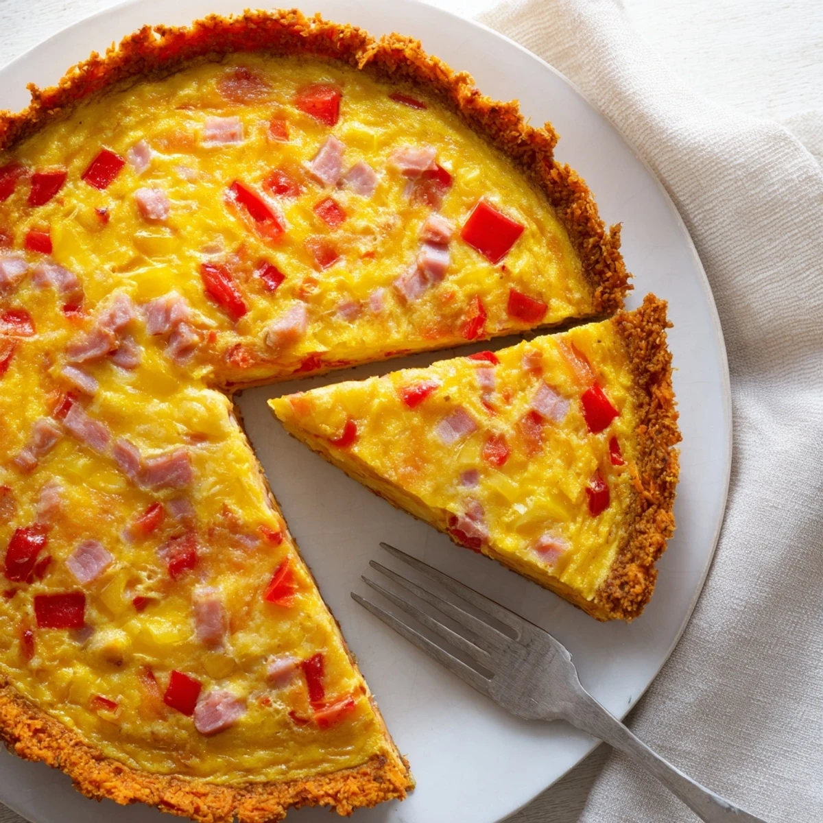Golden slices of Red Capsicum and Ham Quiche with Sweet Potato Crust show a flaky, orange crust and fluffy egg filling on a rustic wooden table.