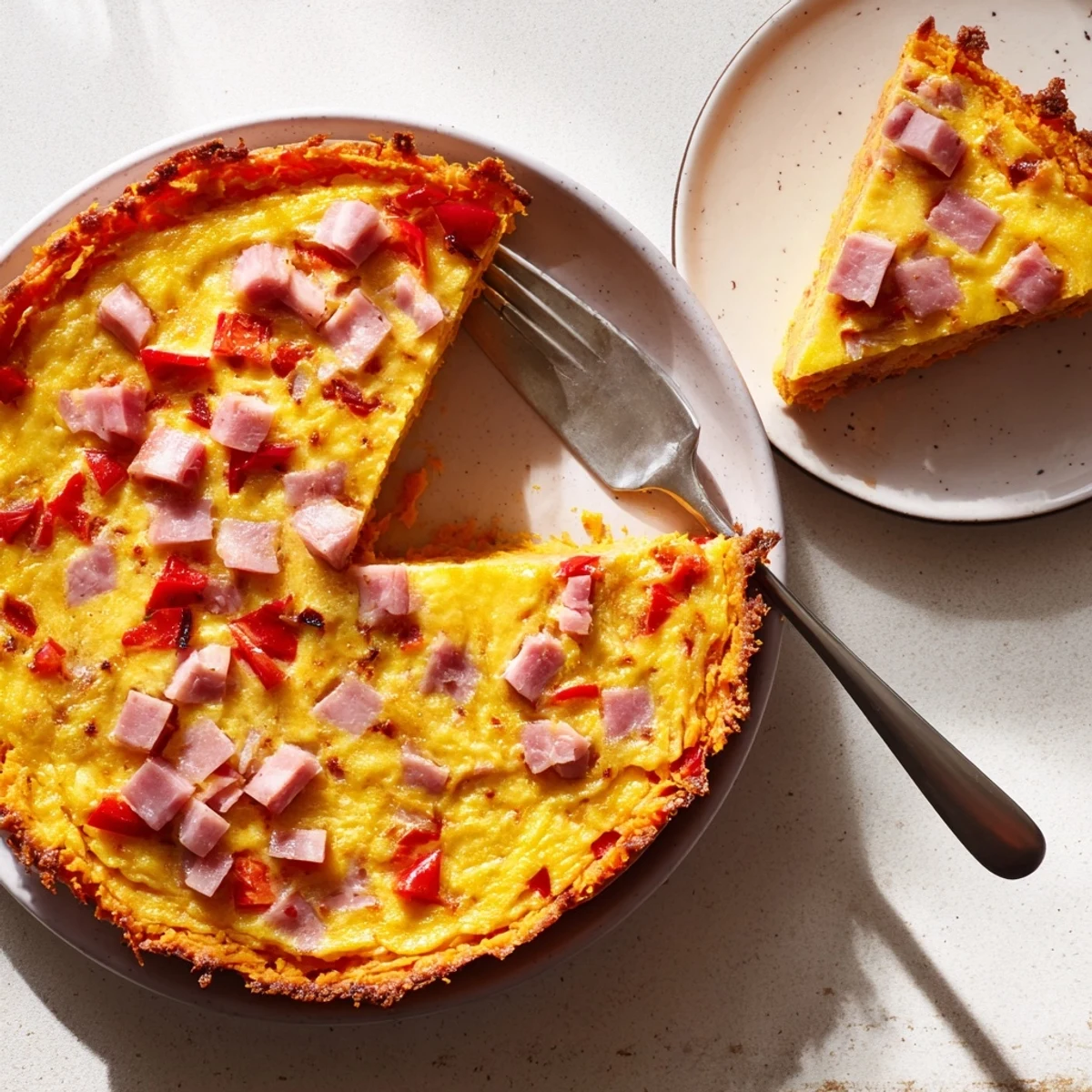 Freshly baked Red Capsicum and Ham Quiche with Sweet Potato Crust sits on a white plate, garnished with thyme, ready for a healthy brunch.