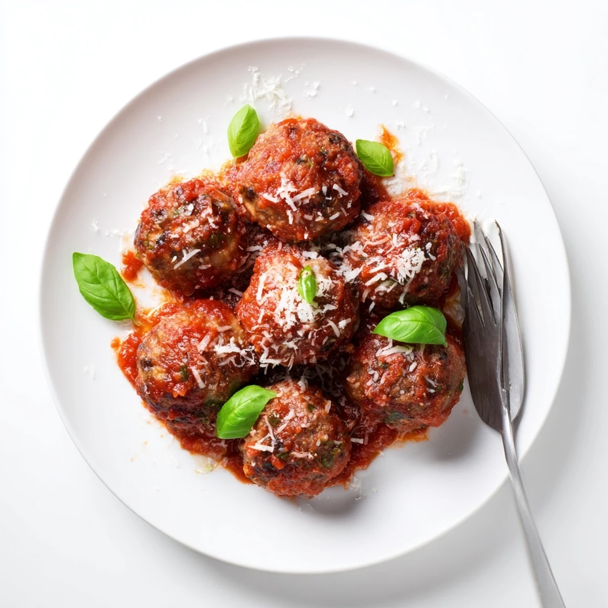 Golden-baked ricotta and mushroom meatballs nestled in a rich, simmering tomato sauce in a skillet.
