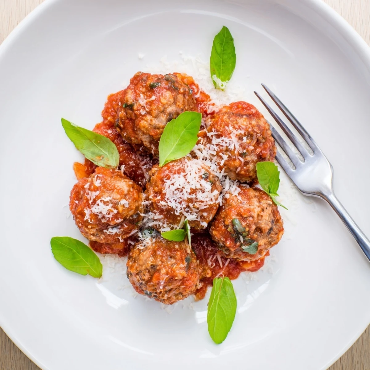 Hearty ricotta and mushroom meatballs topped with fresh basil and Parmesan on a serving plate.