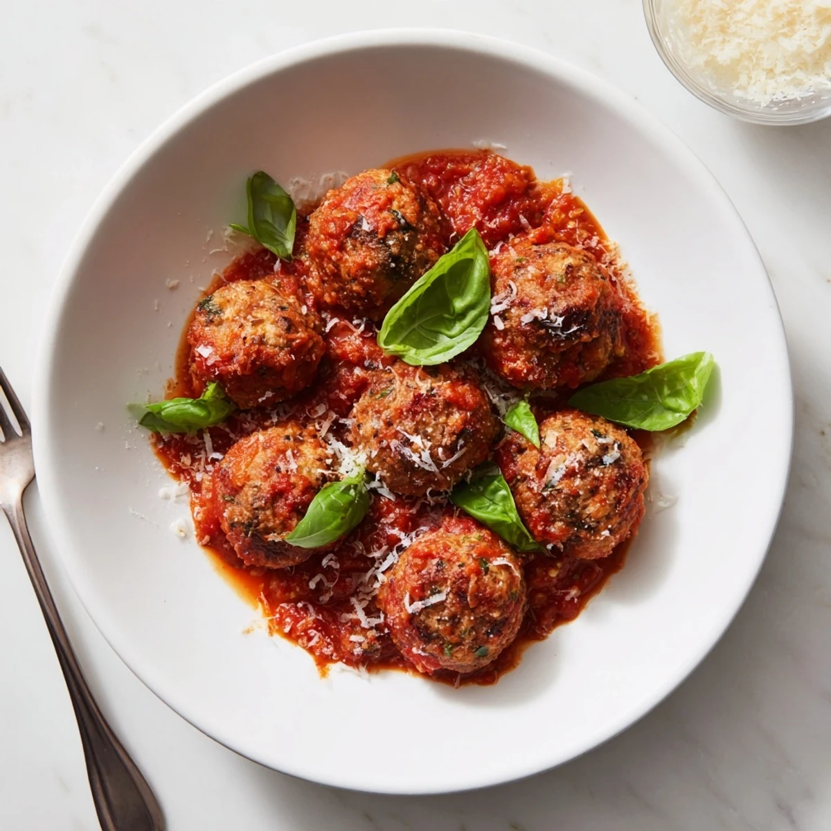 Close-up of tender ricotta and mushroom meatballs in homemade tomato sauce, ready to serve over pasta.