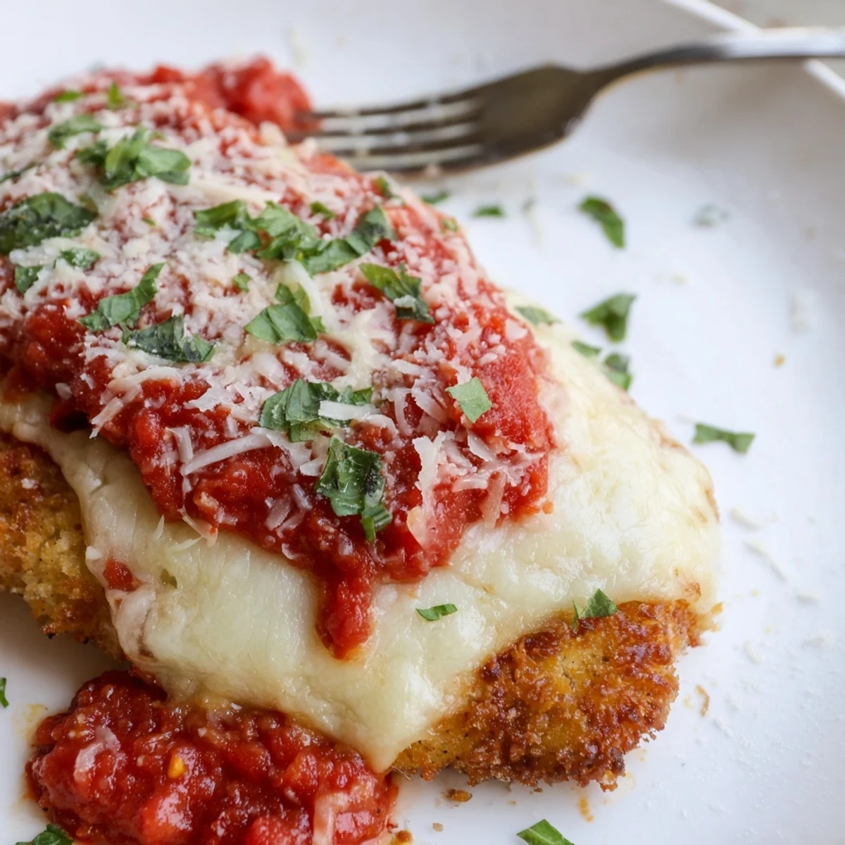Golden, crispy breaded Chicken Parmigiana fresh from the oven, topped with melted mozzarella and rich marinara sauce.