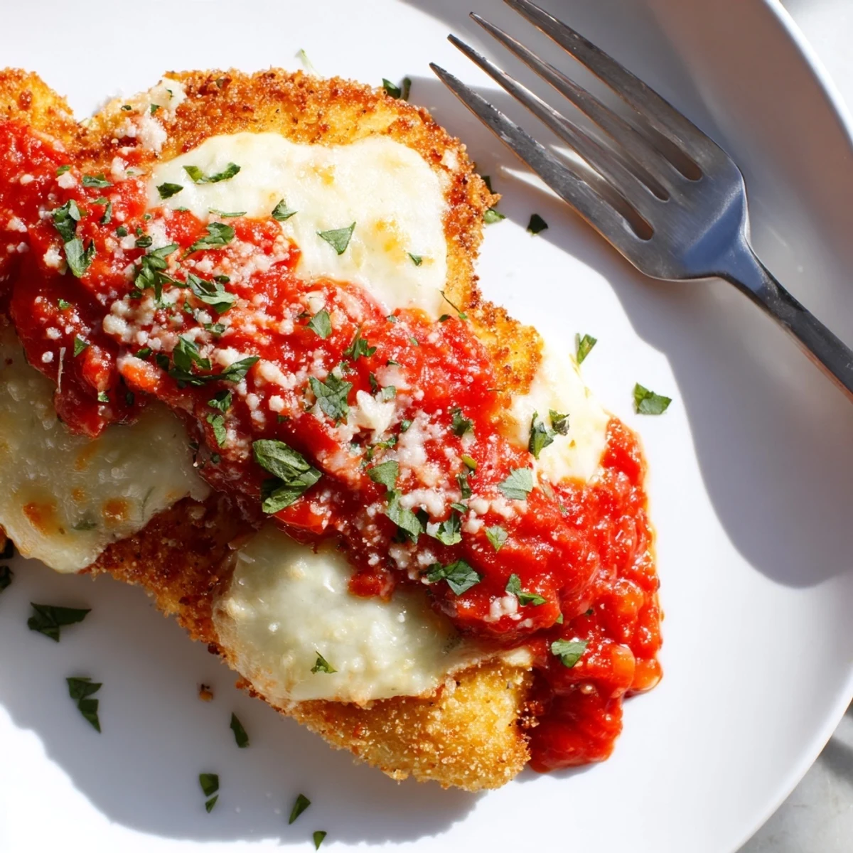 Classic Chicken Parmigiana served over spaghetti, with melted cheese pulling away from the tender chicken breast.