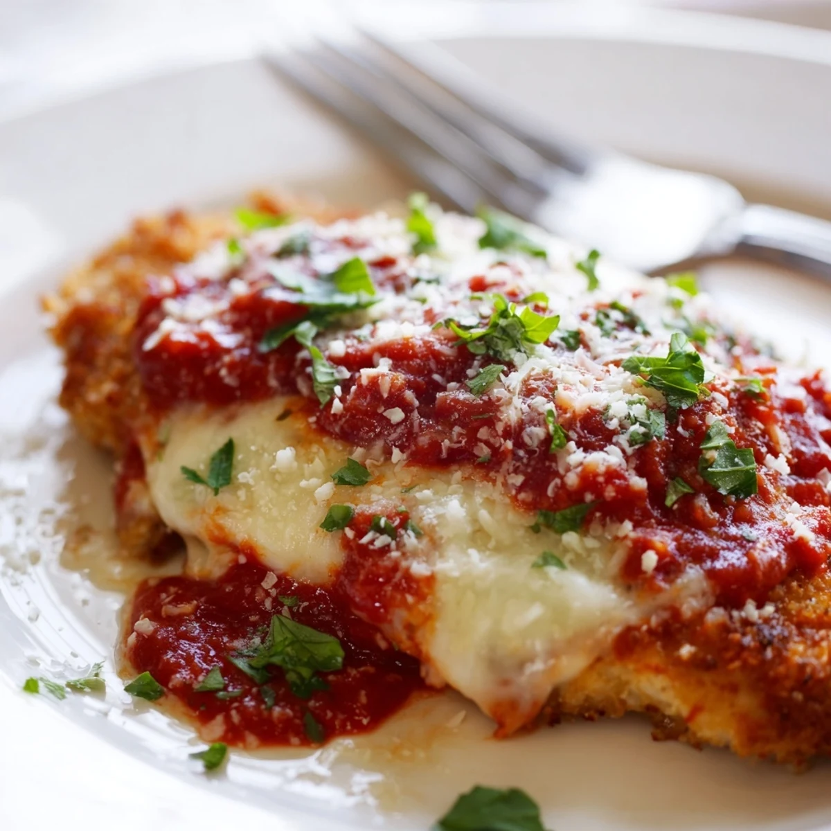 Hearty Italian-American Chicken Parmigiana with golden crust, bubbling tomato sauce, and fresh basil garnish on a white plate.