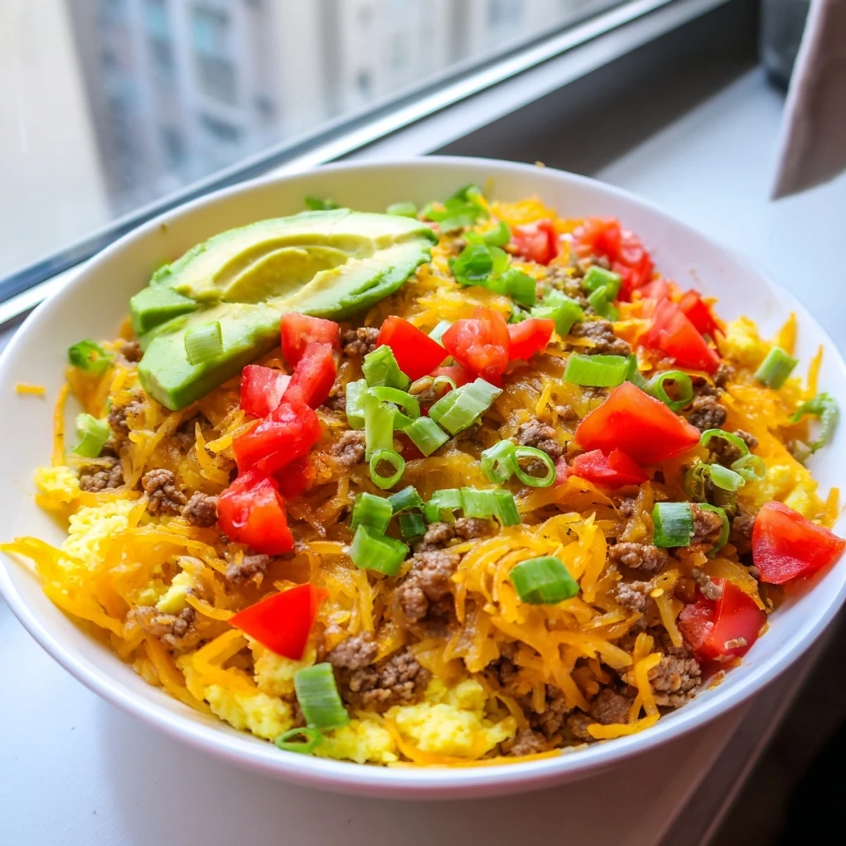 Crispy hash browns topped with fluffy eggs, savory sausage, and fresh avocado in a hearty breakfast bowl.