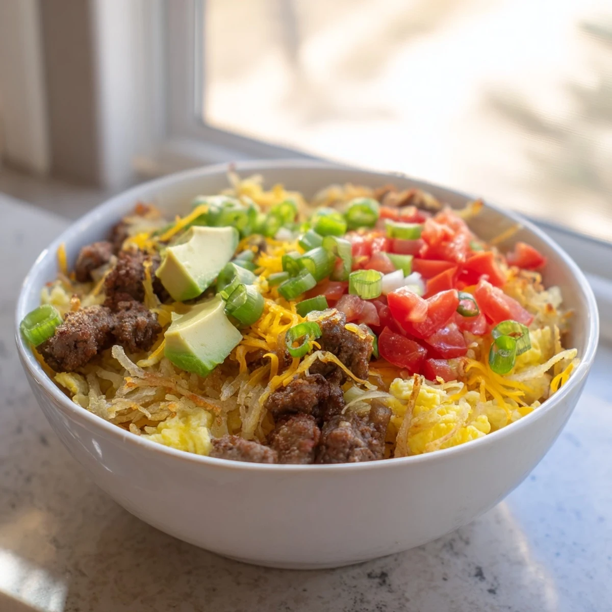 A close-up of golden Hash Brown Breakfast Bowls garnished with cheddar, tomatoes, and green onions.