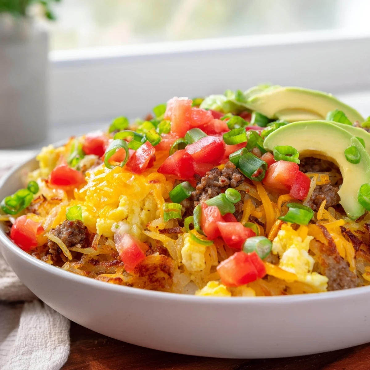 Sizzling breakfast sausage and soft scrambled eggs piled on crispy hash browns in a satisfying bowl.