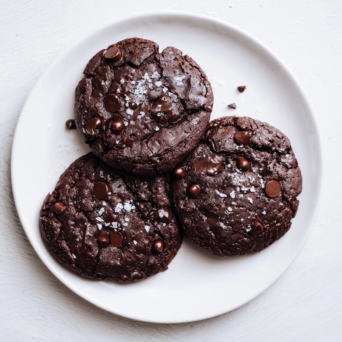 Close-up of fudgy Gourmet Brownie Cookies showing rich dark chocolate chunks and a delicate sprinkle of flaky sea salt on top.