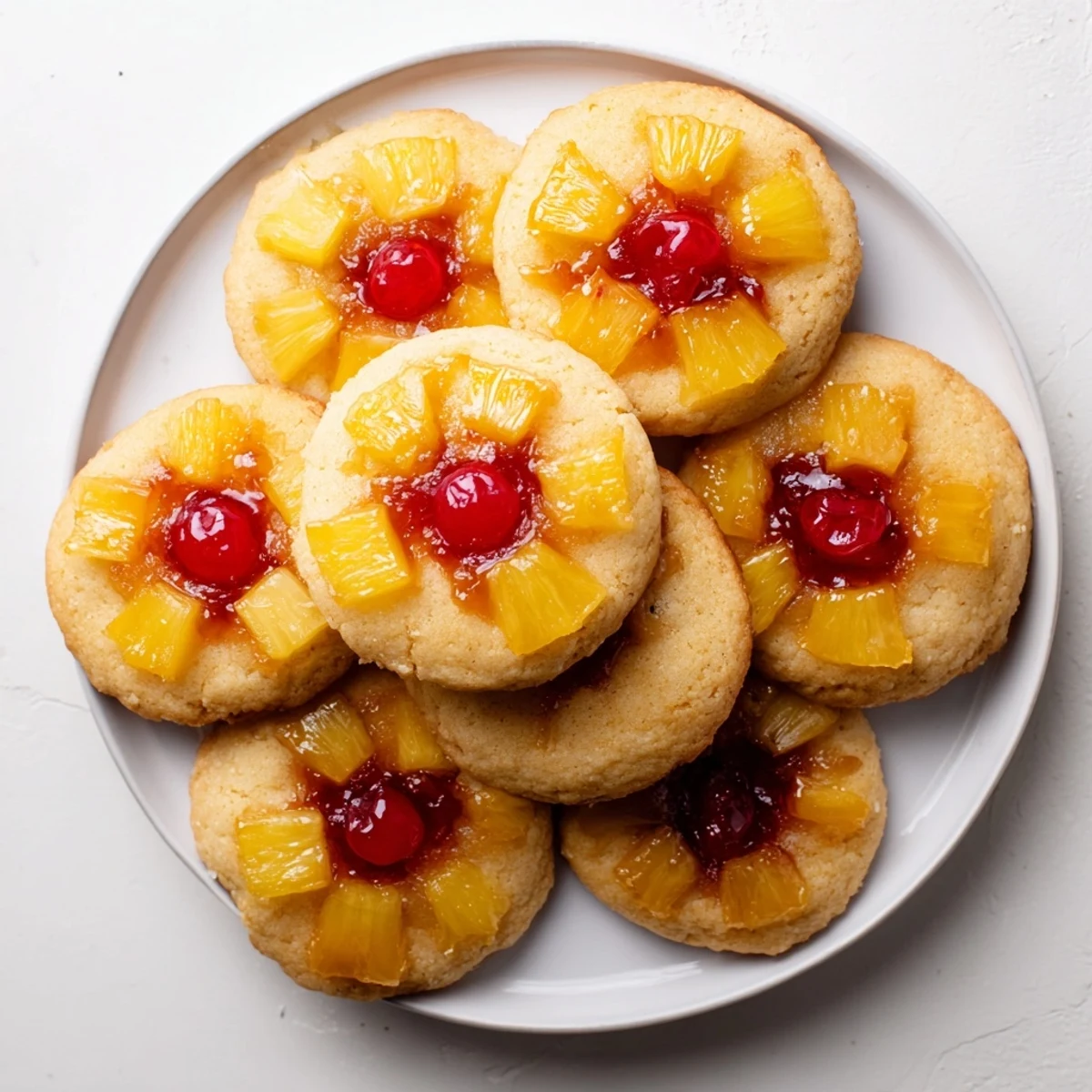 Close-up of freshly baked Pineapple Upside Down Sugar Cookies on a cooling rack, showcasing golden edges with caramelized pineapple and red cherry halves.
