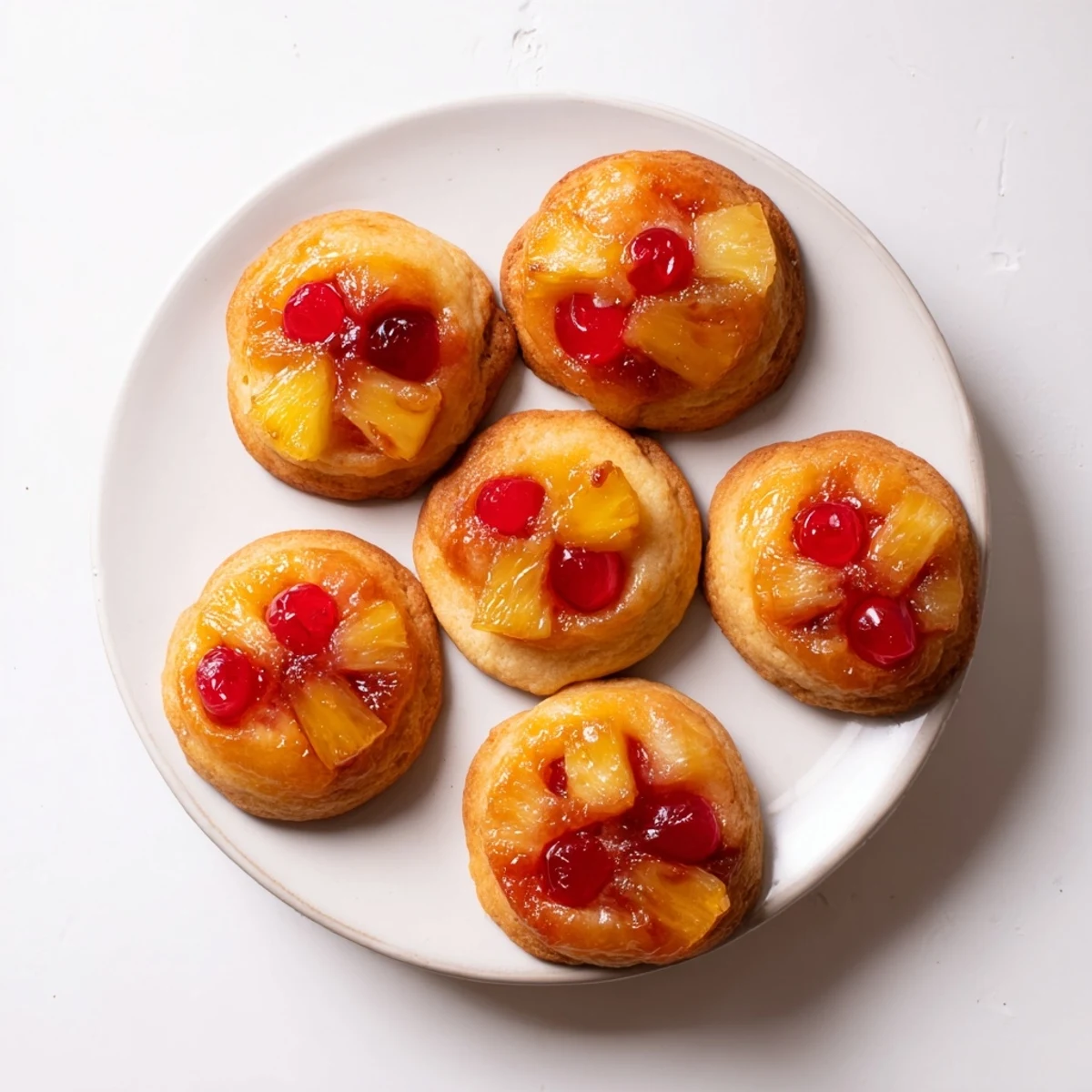 A stack of warm Pineapple Upside Down Sugar Cookies reveals moist, tender centers topped with gooey brown sugar glaze and vibrant tropical fruit.