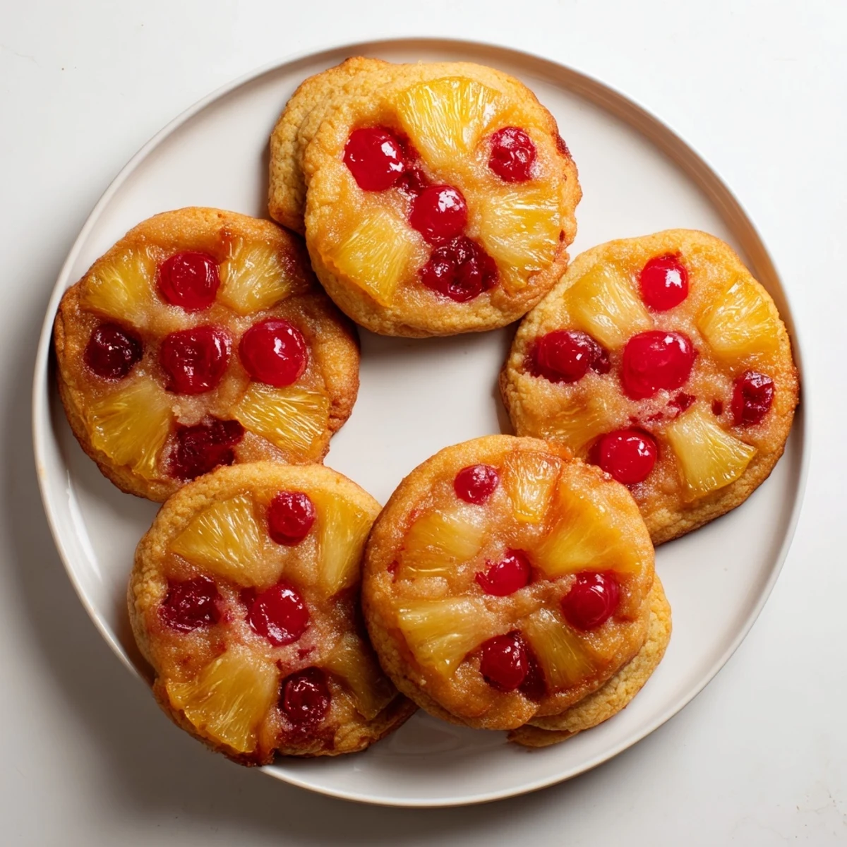 Plated Pineapple Upside Down Sugar Cookies served with a scoop of vanilla ice cream melting over the soft, chewy cookie base.