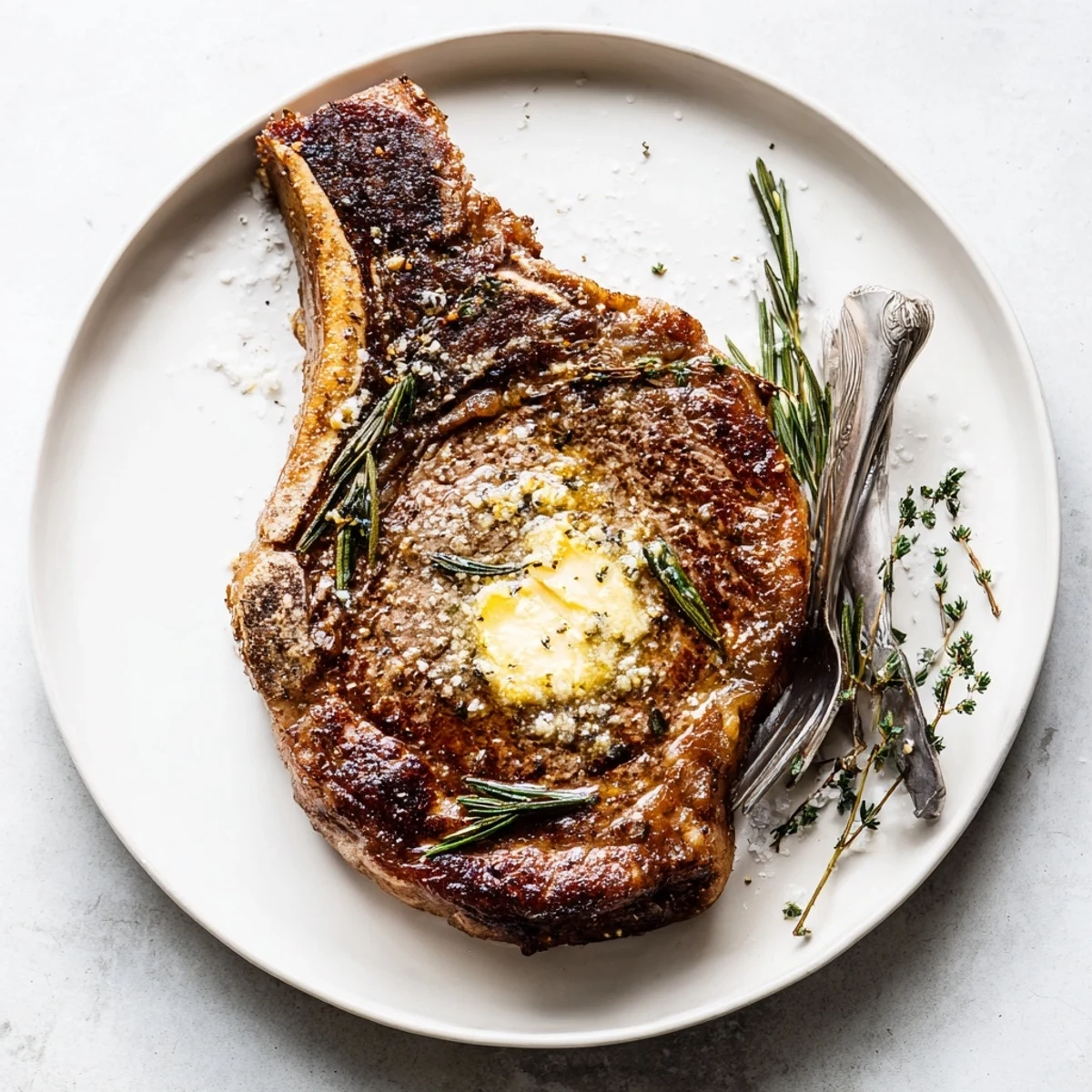 Juicy pan seared ribeye steak sizzling in a cast-iron skillet with garlic butter and fresh herbs.