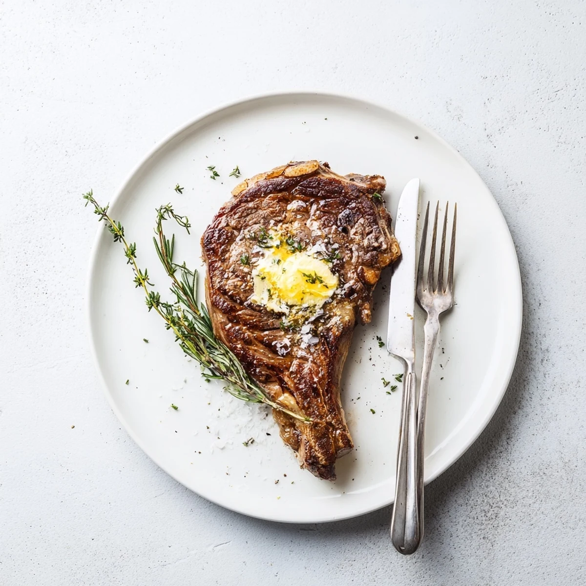 Pan seared ribeye steak rests on a cutting board, showcasing a caramelized crust before being sliced.