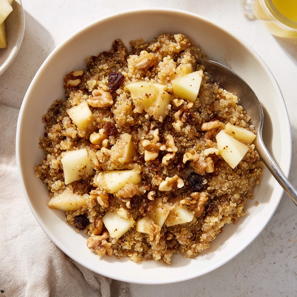 This Healthy Quinoa Apple Breakfast bowl features soft apples, cinnamon, and a drizzle of honey for sweetness.