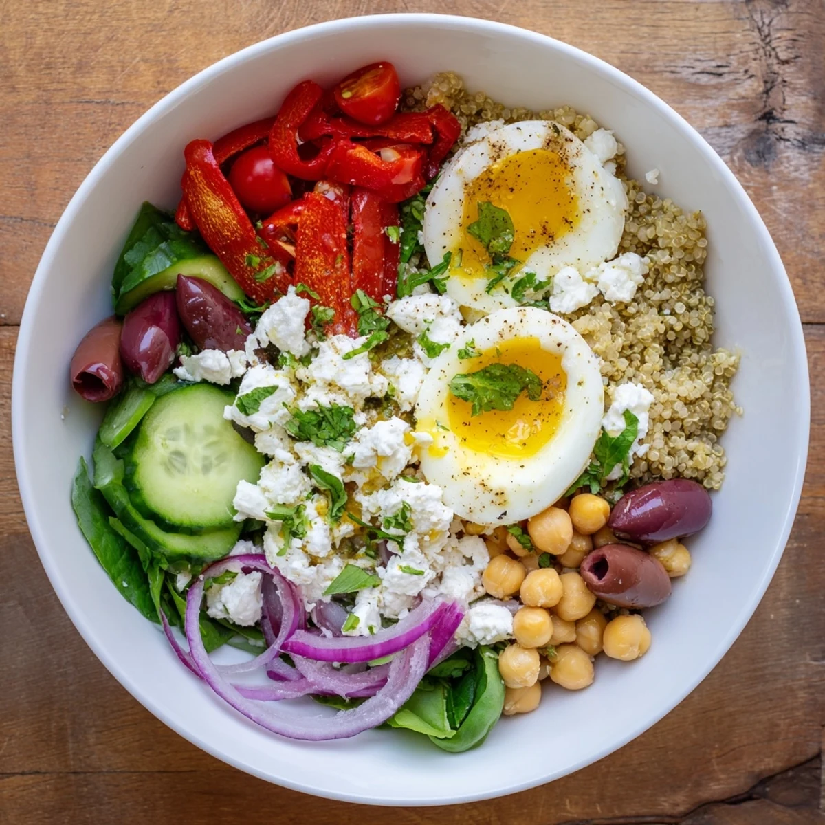 Bright Mediterranean breakfast bowls with quinoa, jammy boiled eggs, feta, chickpeas, tomatoes, cucumbers, and olives glistening with olive oil.