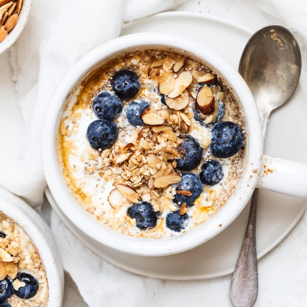 Warm Baked Blueberry Cottage Cheese Breakfast Bowls topped with toasted almonds and a maple drizzle for a comforting start.