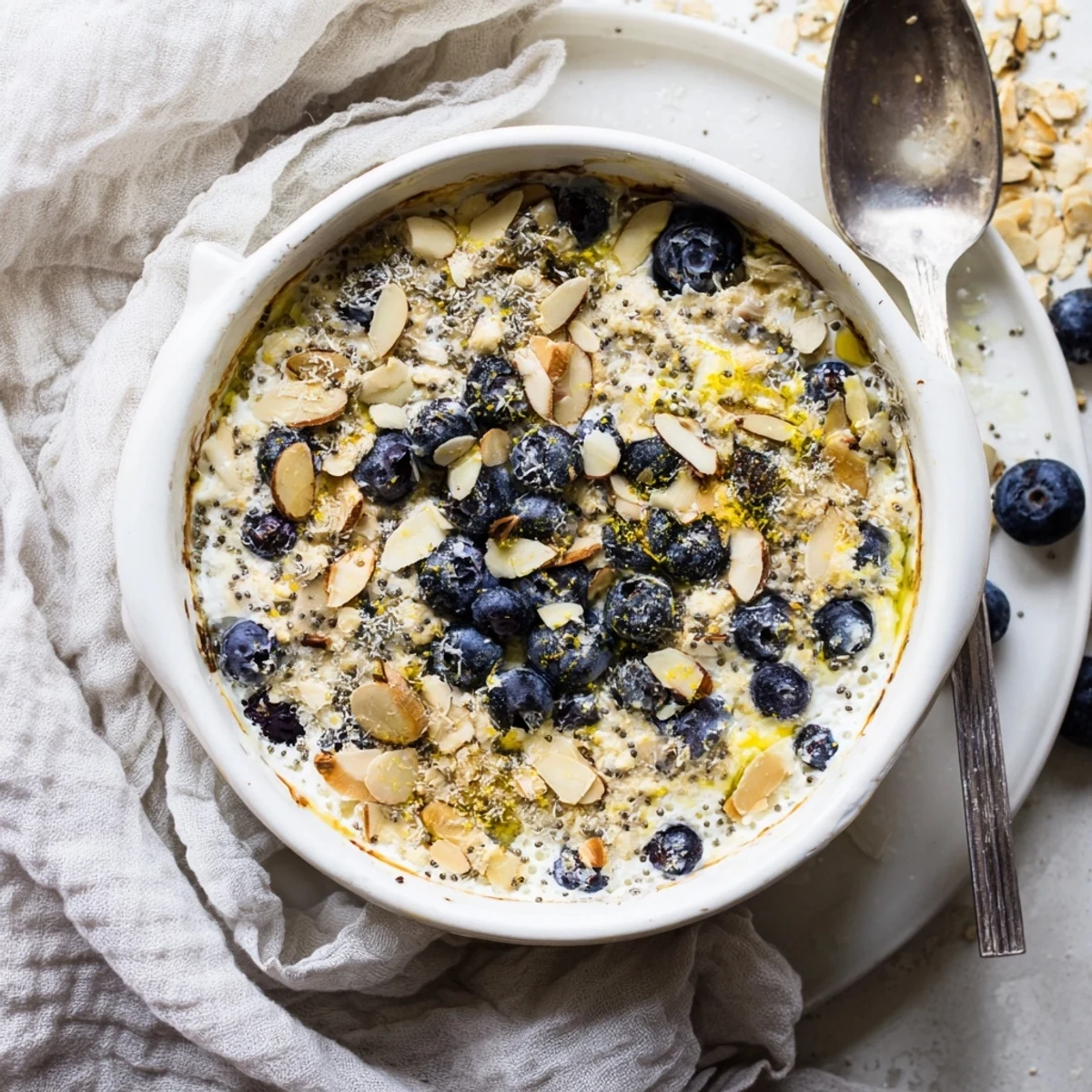 A close-up of creamy Baked Blueberry Cottage Cheese Breakfast Bowls, featuring lemon zest and a sprinkle of oats for crunch.
