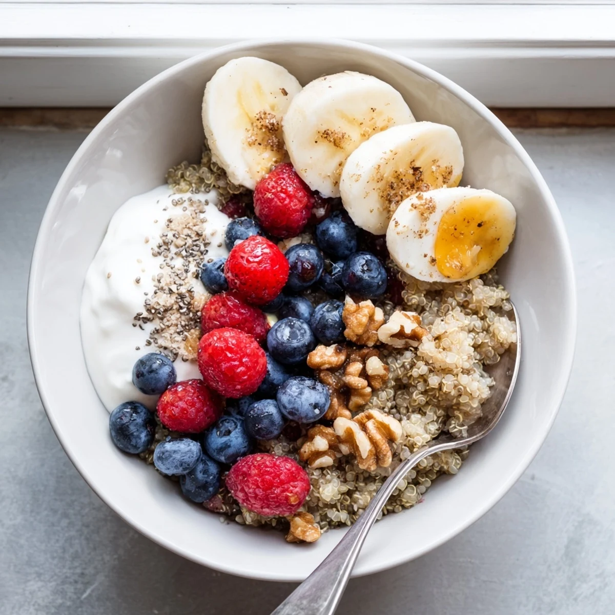 Soft-boiled eggs and creamy Greek yogurt top a warm Dietitians Balanced Breakfast Bowl with quinoa and fresh berries.