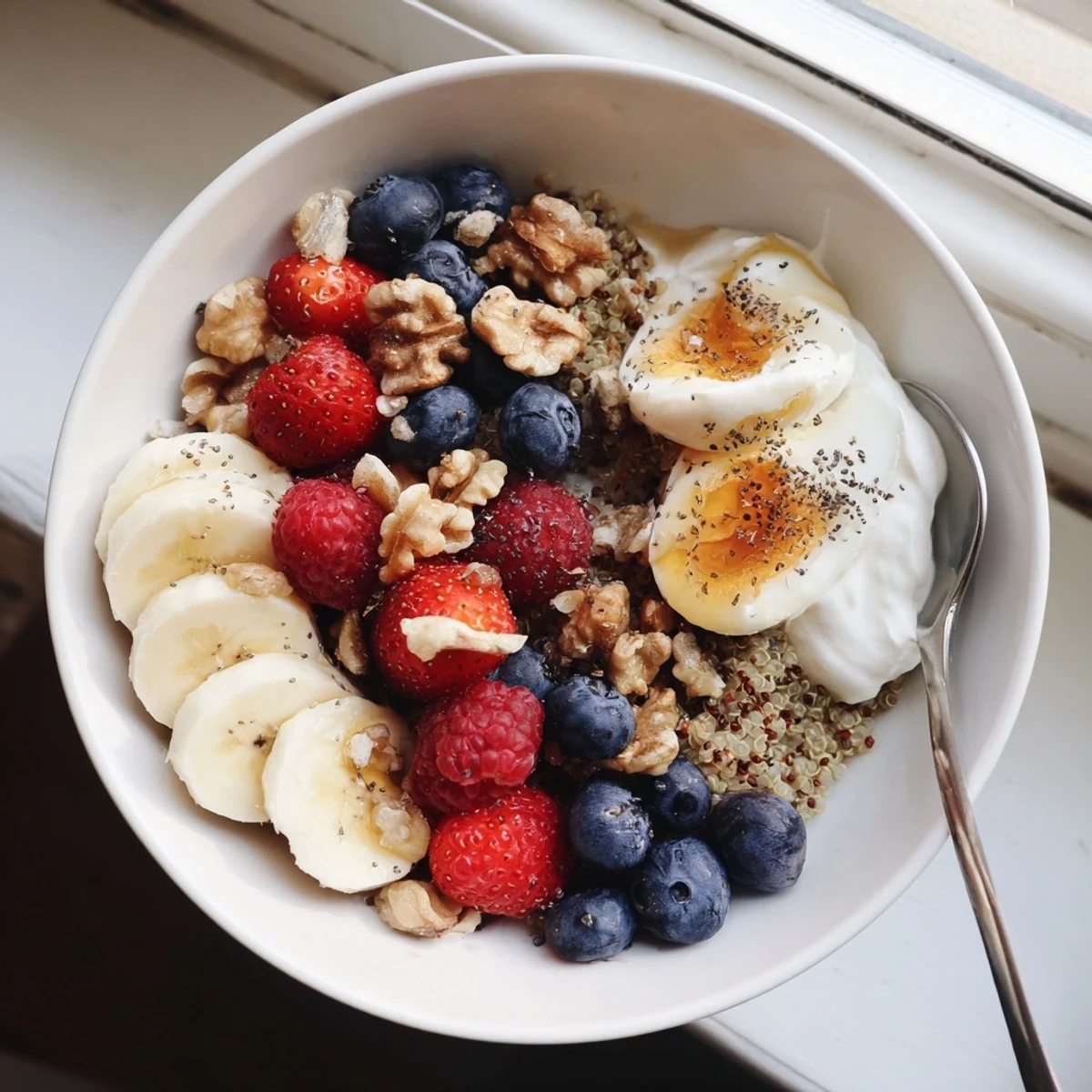 Nutrient-packed Dietitians Balanced Breakfast Bowl features sliced bananas, crunchy walnuts, and a honey drizzle for balance.
