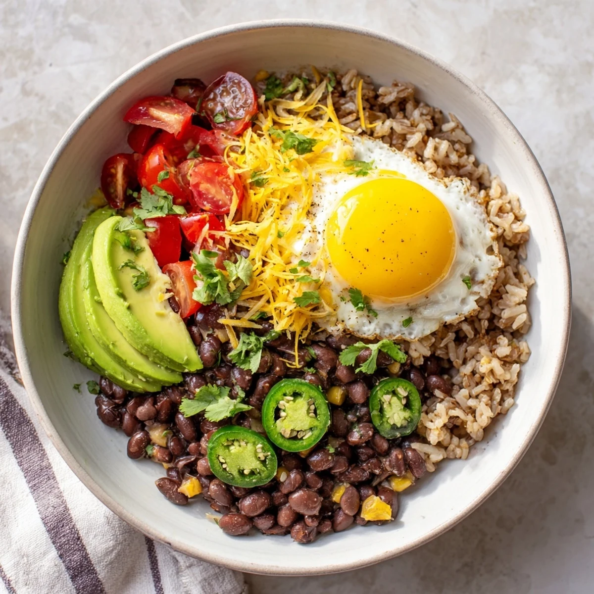A close-up view of a vibrant Tex Mex Inspired Breakfast Bowl, featuring fluffy rice topped with a scoop of black beans and diced red bell pepper.