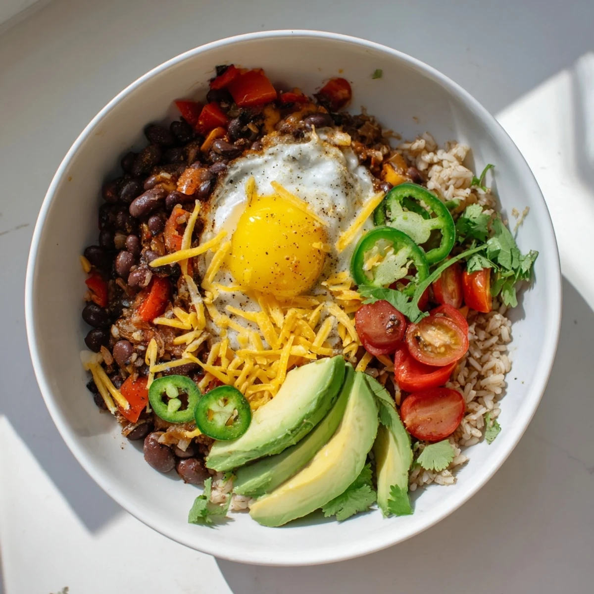 A hearty serving of the Tex Mex Inspired Breakfast Bowl includes steamed rice, sautéed veggies, and melted cheddar cheese, garnished with lime wedges for a zesty finish.