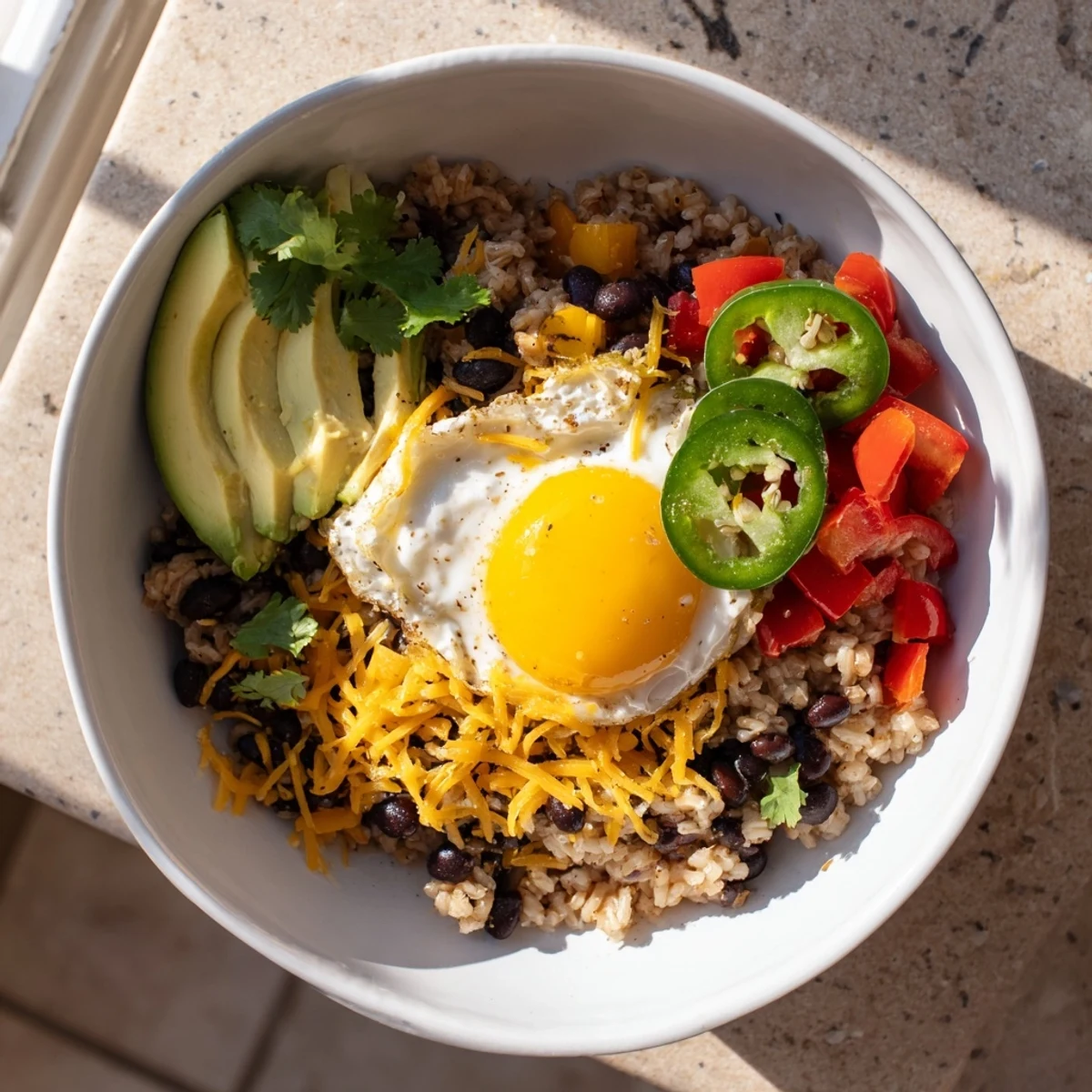 This Tex Mex Inspired Breakfast Bowl showcases a perfectly cooked sunny-side-up egg nestled among cherry tomatoes, sliced avocado, and a sprinkle of fresh cilantro.