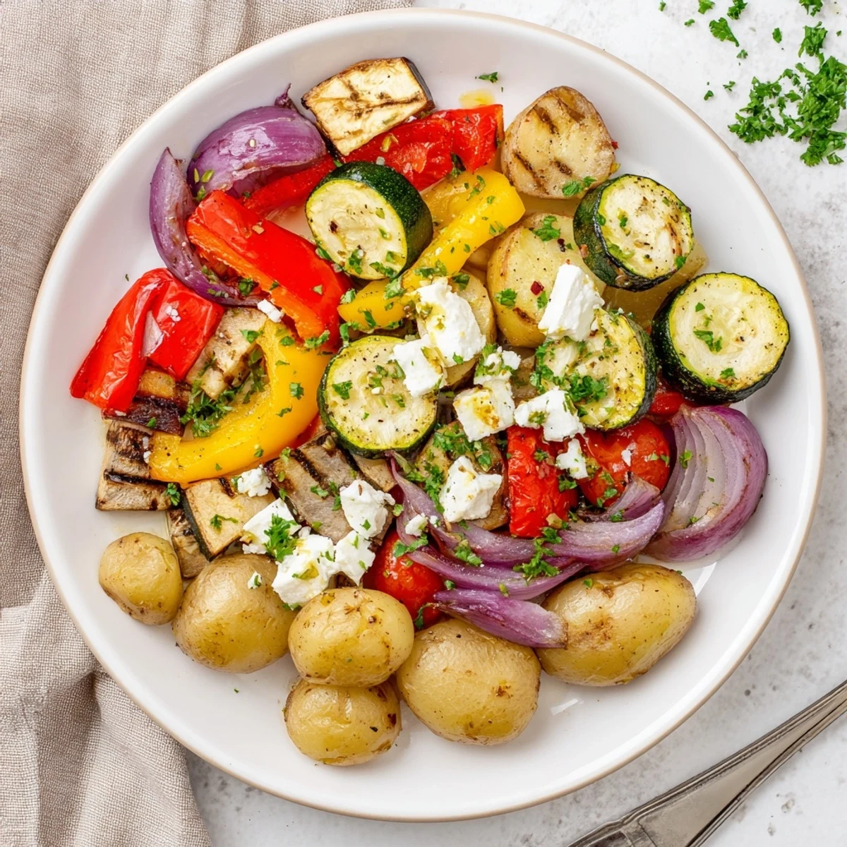 Roasted One Pan Greek Vegetables with caramelized edges and crumbled feta, garnished with parsley.