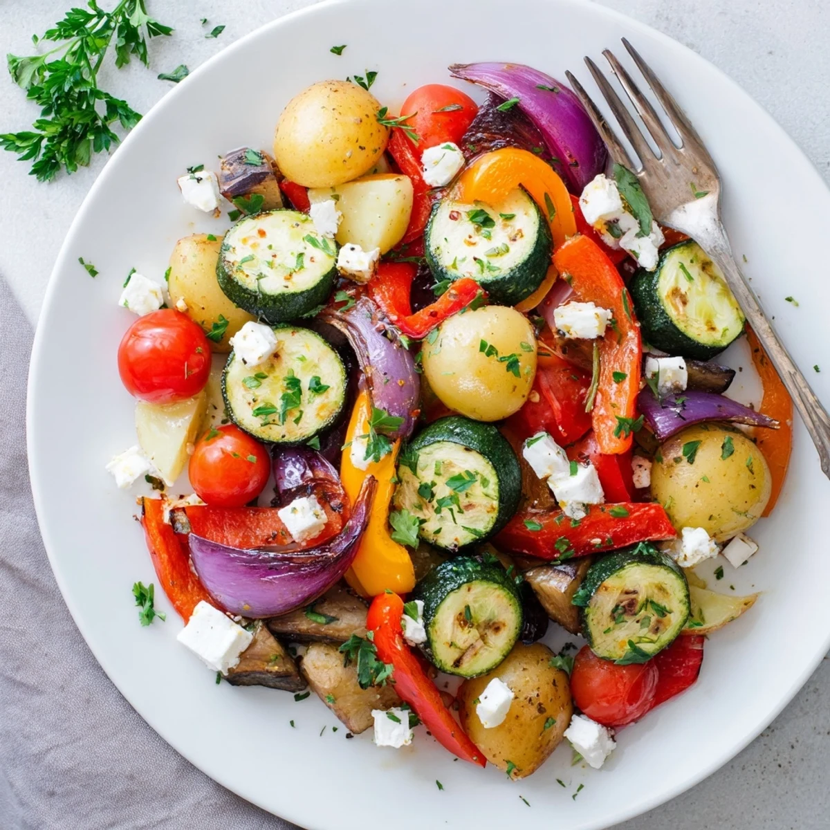 A skillet of One Pan Greek Vegetables bubbles with olive oil and lemon, paired with pita bread.