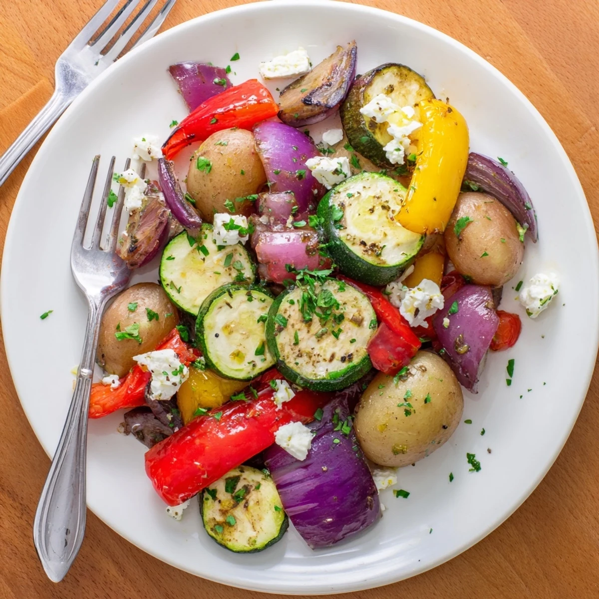 Vibrant One Pan Greek Vegetables tossed with herbs and tomatoes, served warm over fluffy quinoa.
