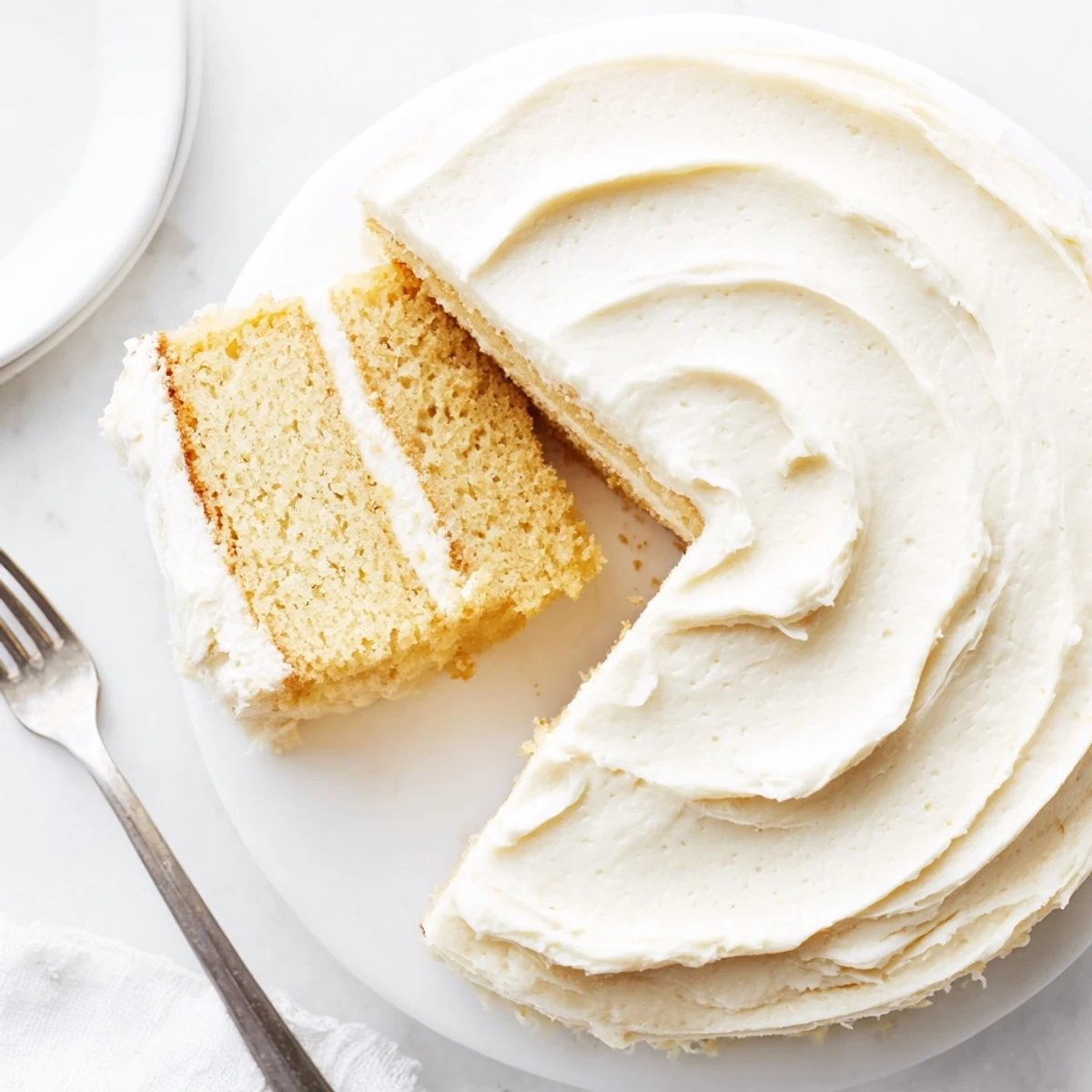Close-up of Perfect Vanilla Cake showing fluffy texture and smooth vanilla buttercream frosting swirls.