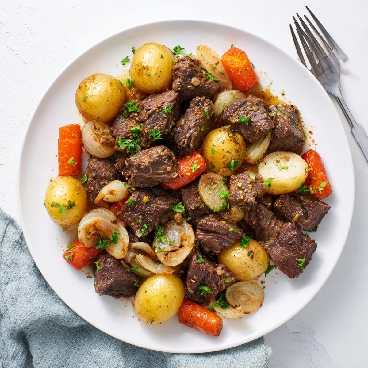 Slow cooker garlic butter beef with potatoes shows tender cubes and baby potatoes glistening in herb butter.