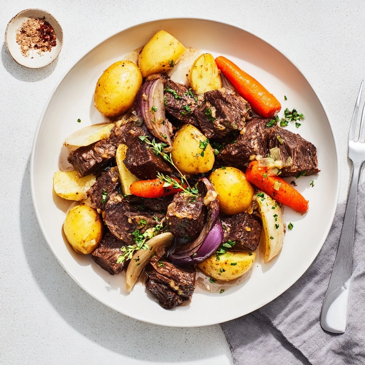 Cubes of beef and halved baby potatoes rest in a pool of rich garlic butter sauce.