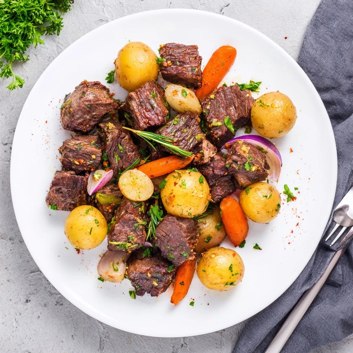 Tender beef and soft potatoes in garlic butter finish a comforting slow cooker meal for dinner.