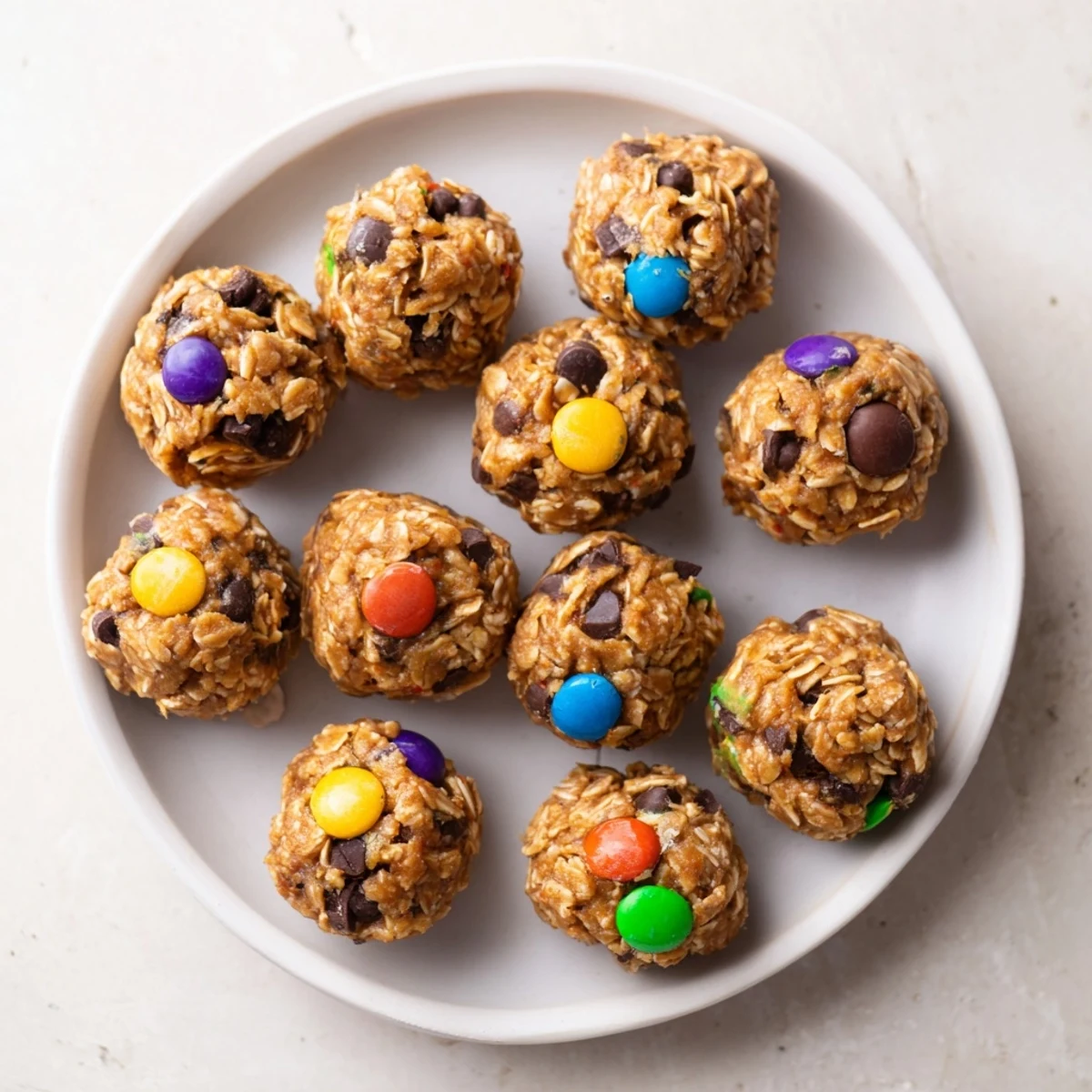 Monster Cookie Protein Balls sit on a cooling rack with colorful candies, oats, and peanut butter.  