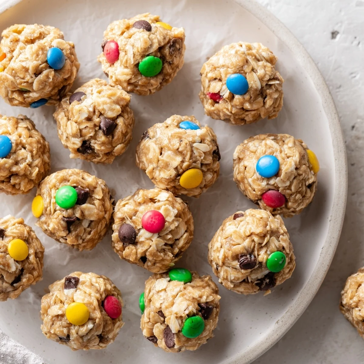 These Monster Cookie Protein Balls are ready to eat, showing a chewy texture and candy pieces.  
