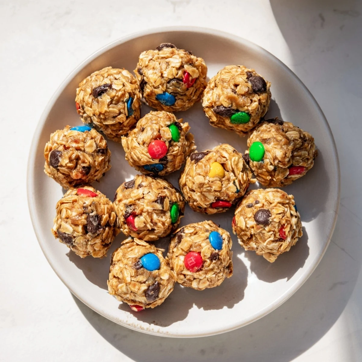 A close-up of Monster Cookie Protein Balls reveals chocolate chips and oats, perfect for a quick snack.